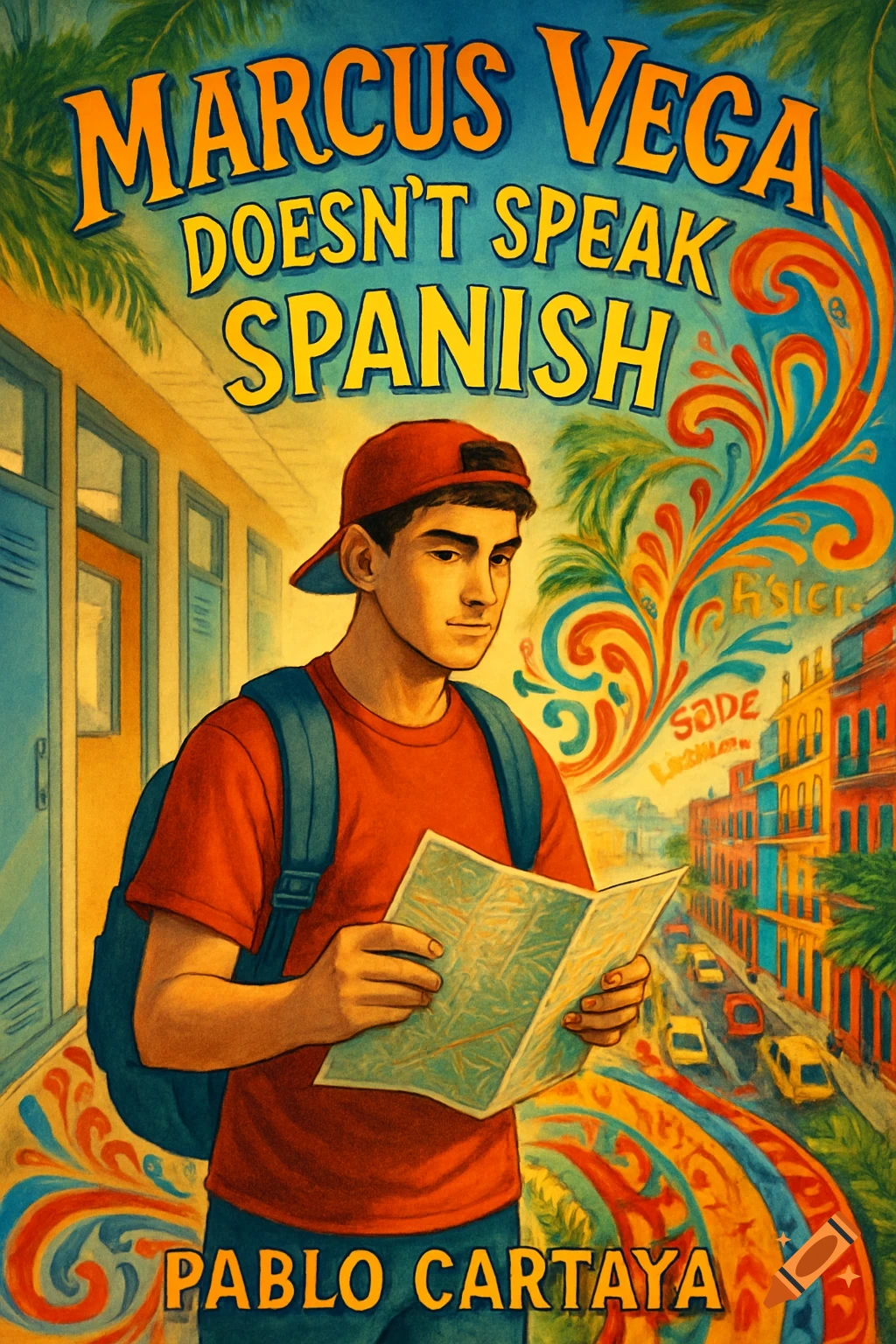 Colorful illustration of a young man with a backpack and red cap, holding a map in a vibrant city. Text: "Marcus Vega Doesn't Speak Spanish" by "Pablo Cartaya".
