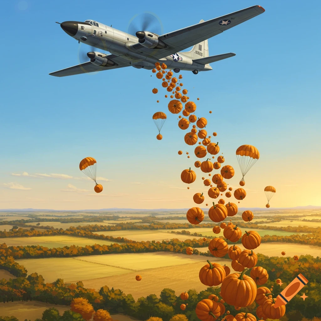 A military transport plane drops a shower of orange pumpkins, some with parachutes, over a vibrant autumn landscape.