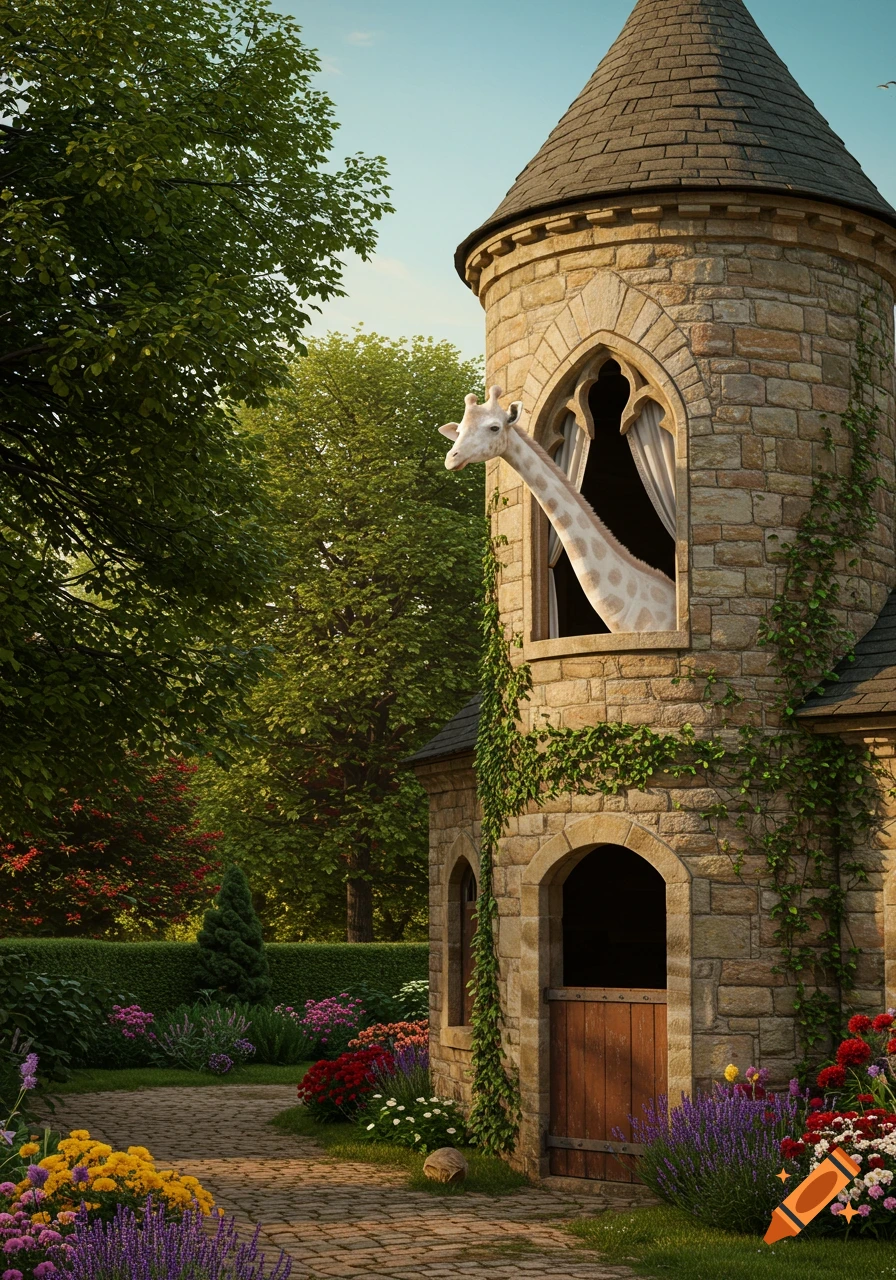 A white giraffe peeks out of a gothic window in a stone castle tower, surrounded by a vibrant garden with colorful flowers.
