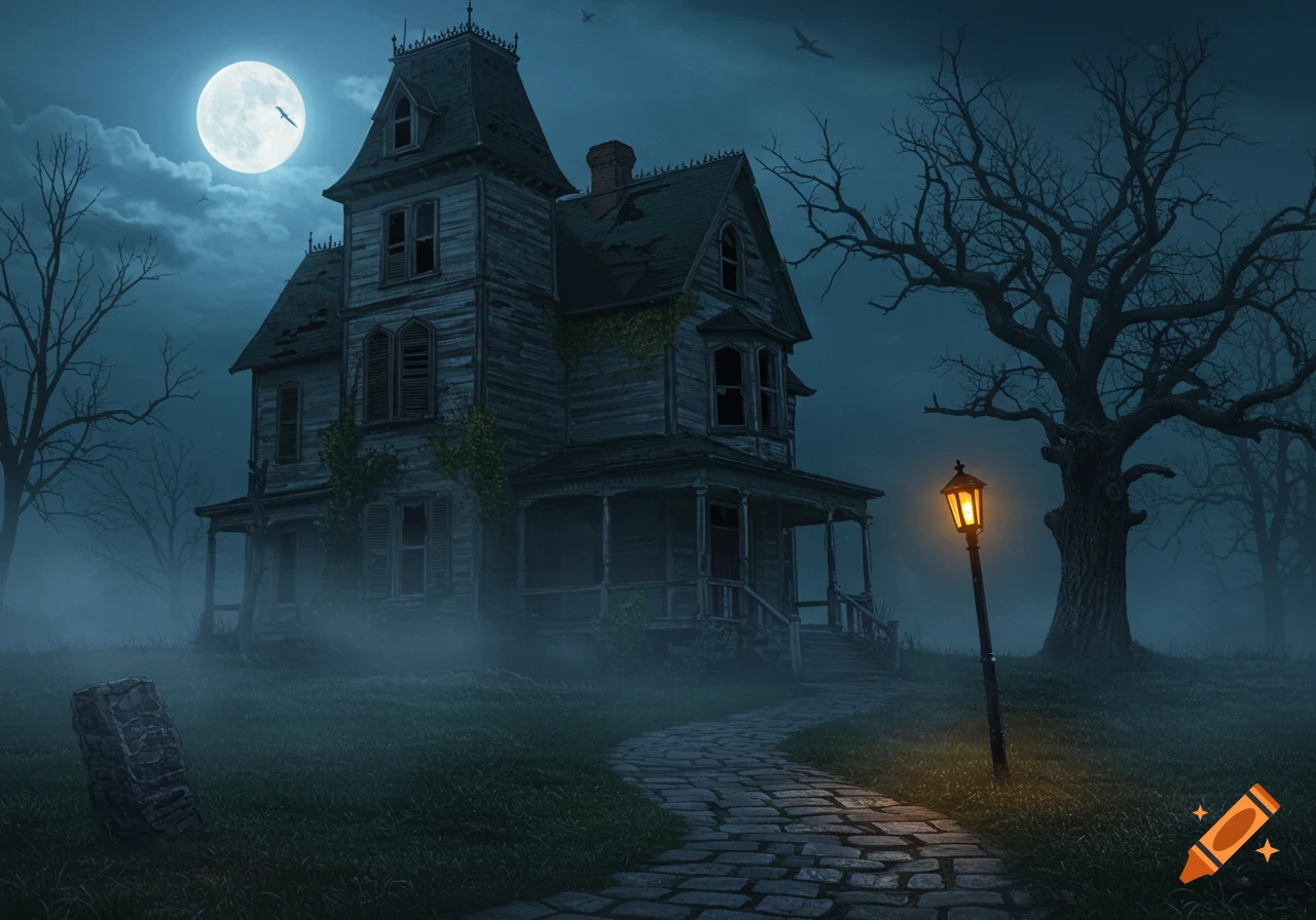 A spooky, abandoned Victorian-style haunted house at night under a full moon, with bare trees, fog, and a lit lamppost.