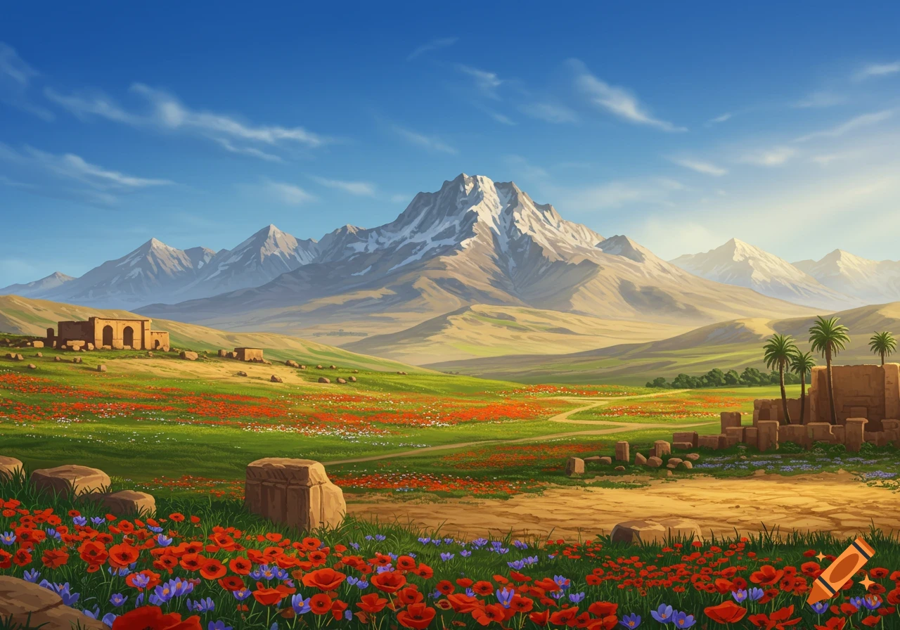 A vibrant, stylized landscape painting of a green field filled with red and purple flowers, ancient stone ruins, and snow-capped mountains under a blue sky.