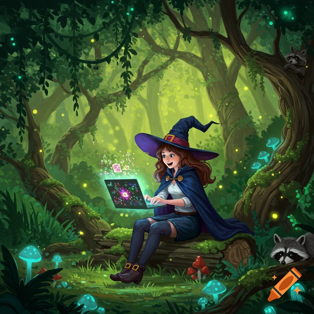 A cartoon witch with a blue hat and cape sits on a log in a glowing forest, happily typing on a laptop with magic symbols.
