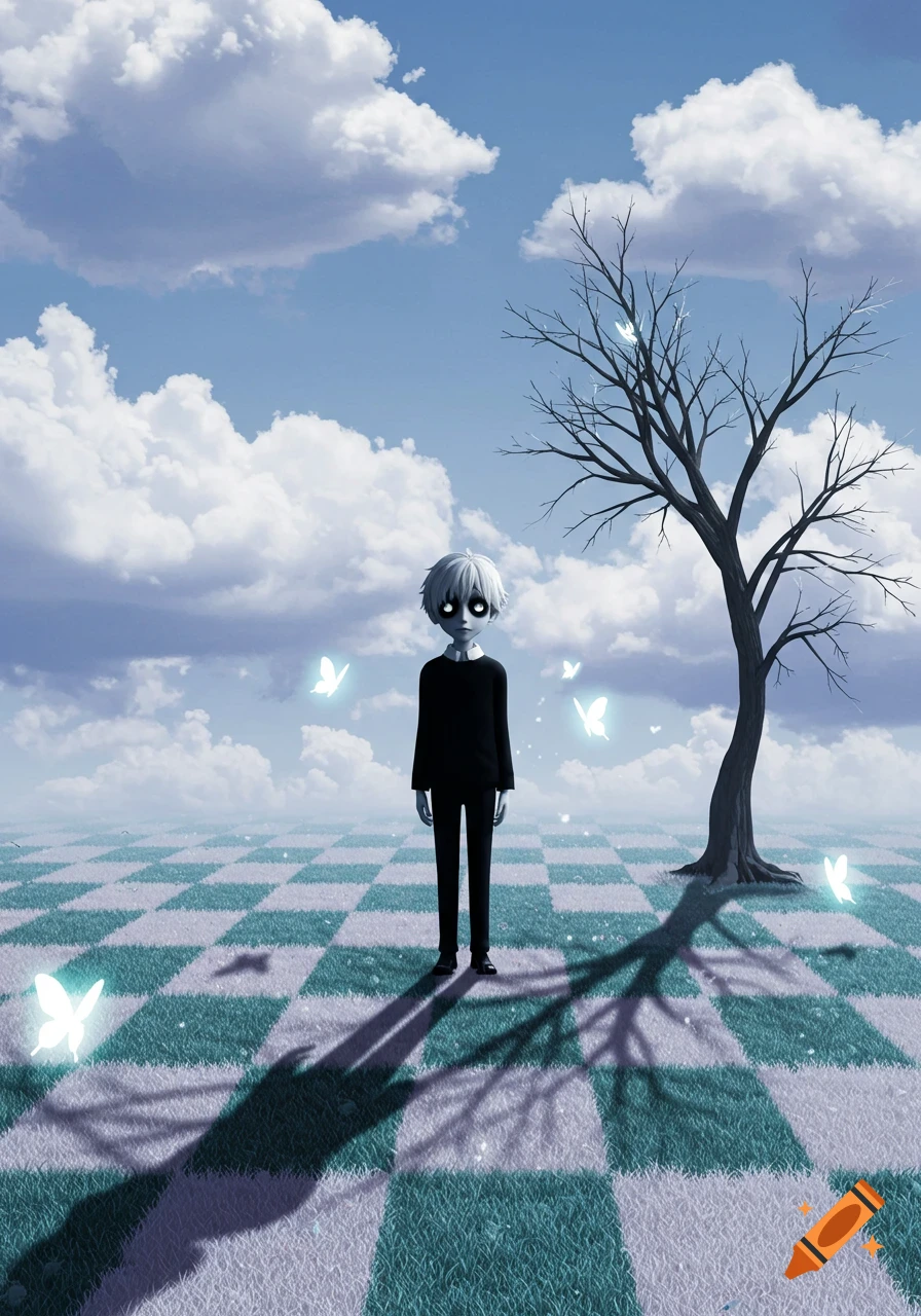 A stylized boy with white hair and glowing eyes stands in a surreal checkered landscape with a bare tree and glowing butterflies under a cloudy sky.