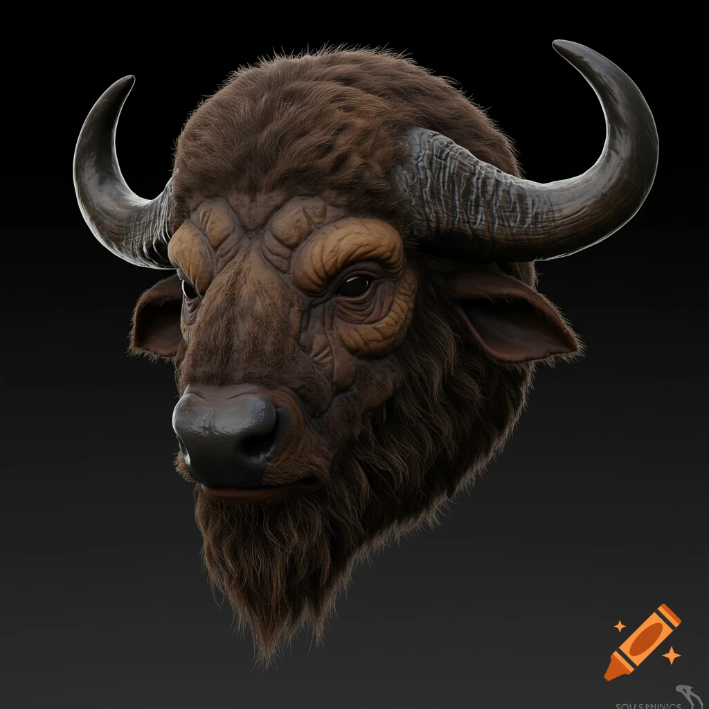 A detailed 3D render of a bison head, featuring brown fur, textured horns, and a dark background.