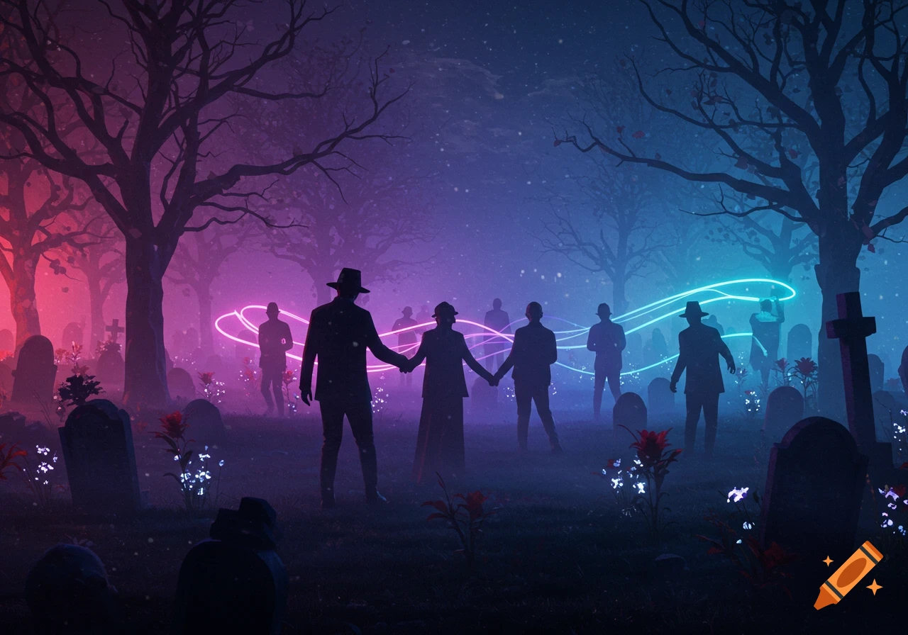 Stylized night scene in a graveyard with silhouetted figures holding hands and neon light trails, under a glowing purple and blue sky.