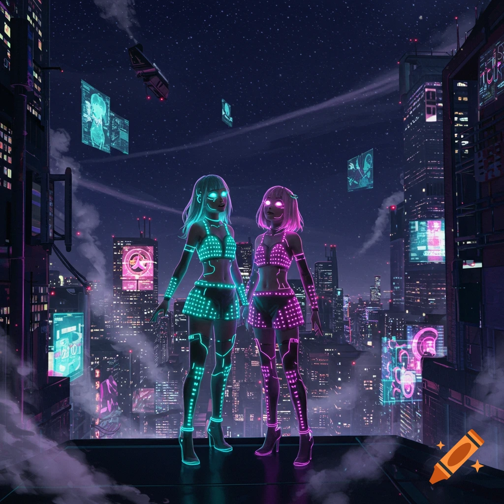 Two neon-lit futuristic girls stand on a rooftop overlooking a vibrant cyberpunk city at night under a starry sky.