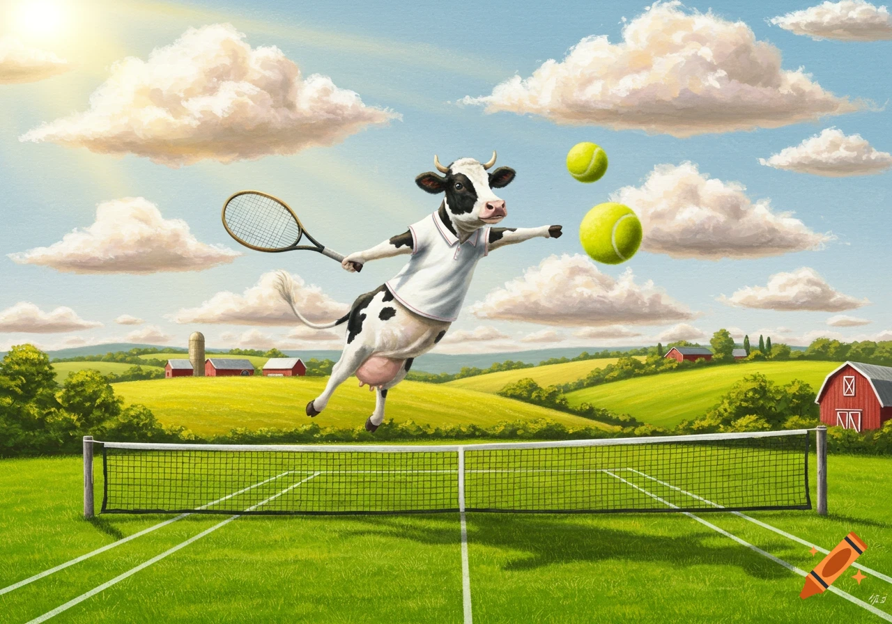 A cow in a polo shirt jumps over a tennis net with a racket on a green court in a sunny farm landscape.