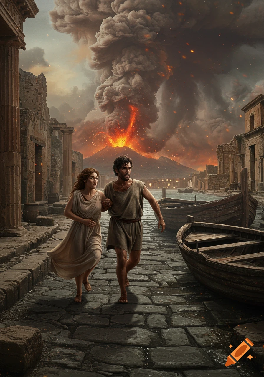 A man and a woman flee through the cobbled streets of ancient Pompeii as Mount Vesuvius erupts with fire and ash.