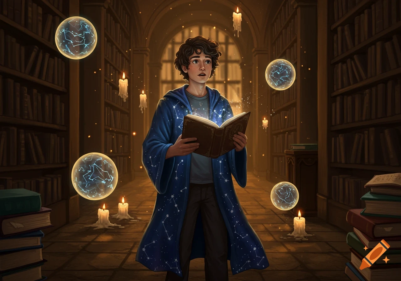 An adolescent wizard in a blue robe holds a glowing book in a magical library, surrounded by orbs and floating candles.