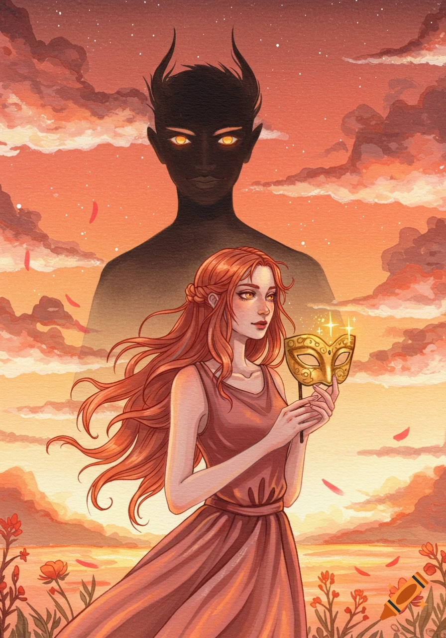 A red-haired woman holds a golden mask at sunset, with a shadowy horned figure behind her, in a watercolor fairytale style.