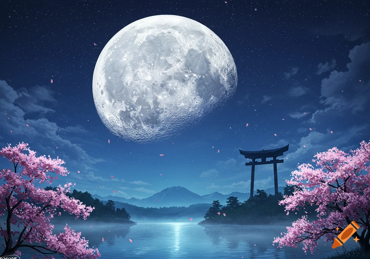 Anime-style night landscape with a giant full moon over a calm lake, cherry blossom trees, and a torii gate.