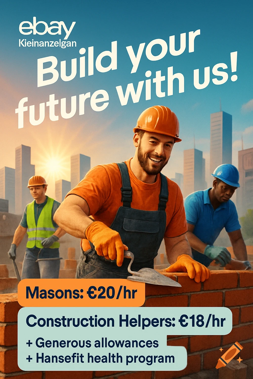 A vibrant advertisement for construction jobs, showing three smiling workers on a building site. The text reads "Build your future with us!" and details job roles and wages.