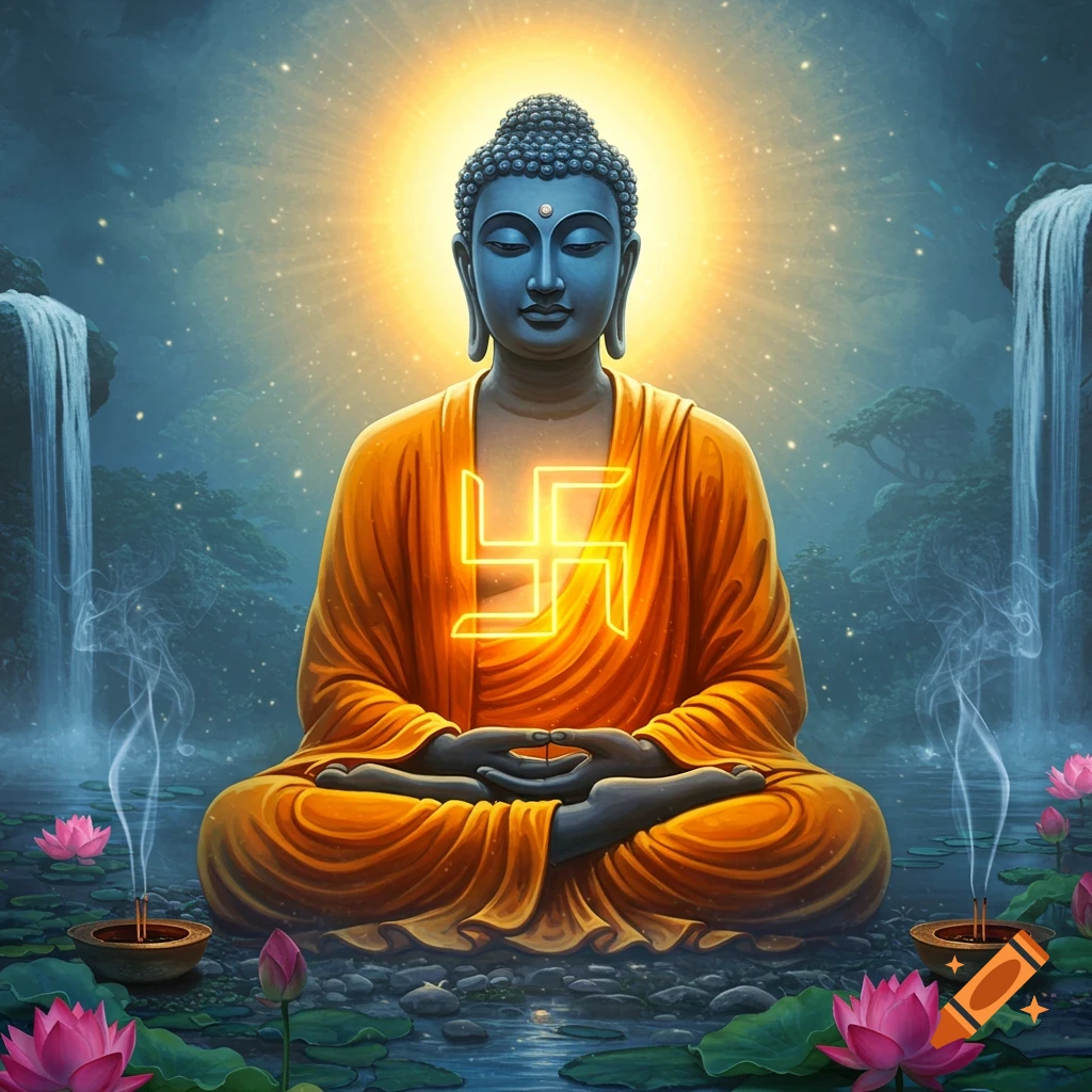 A glowing Buddha meditating in an orange robe with a swastika symbol on his chest, surrounded by lotus flowers and waterfalls.