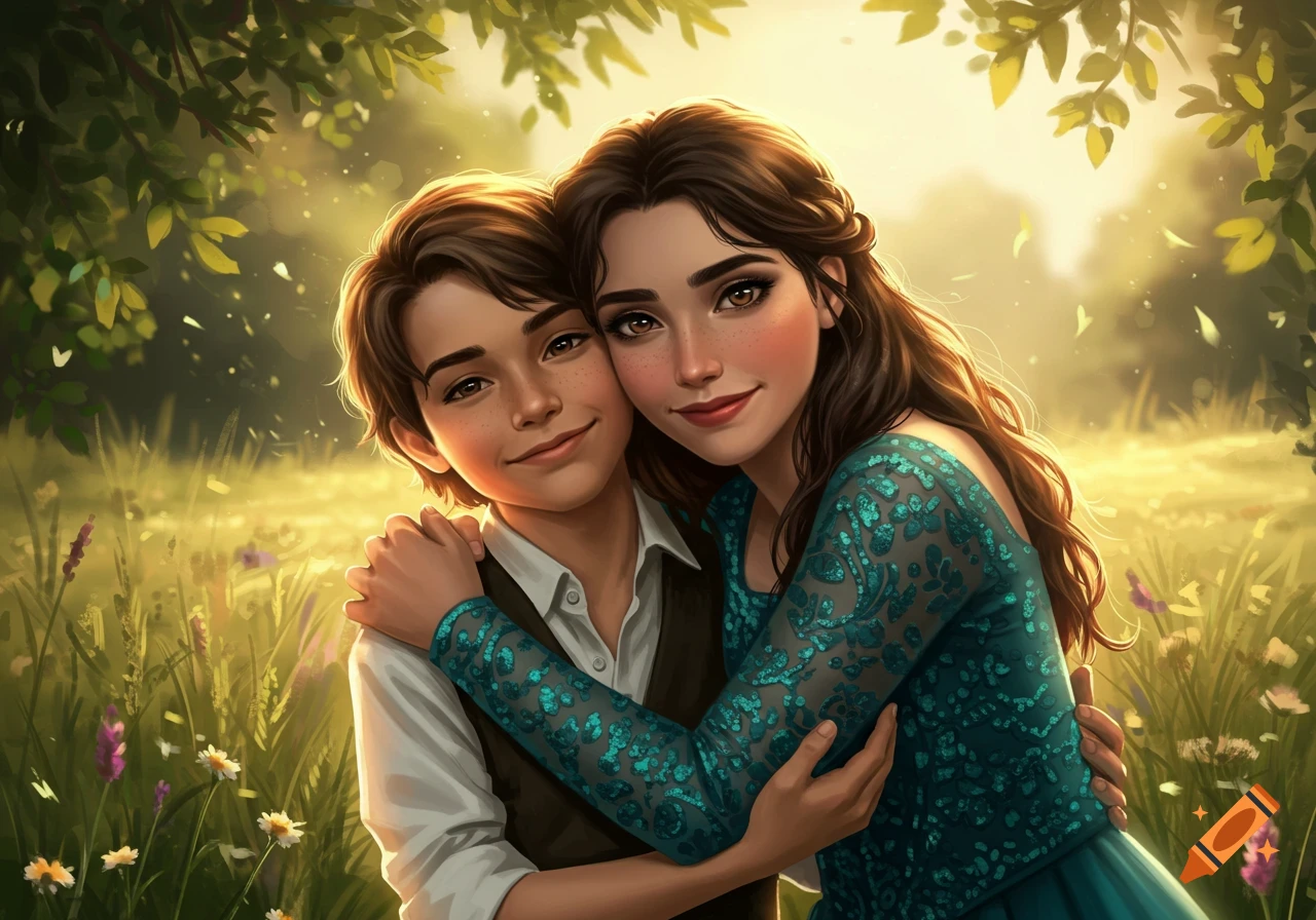 An illustrative portrait of a boy and a woman embracing in a sunlit, wildflower field.