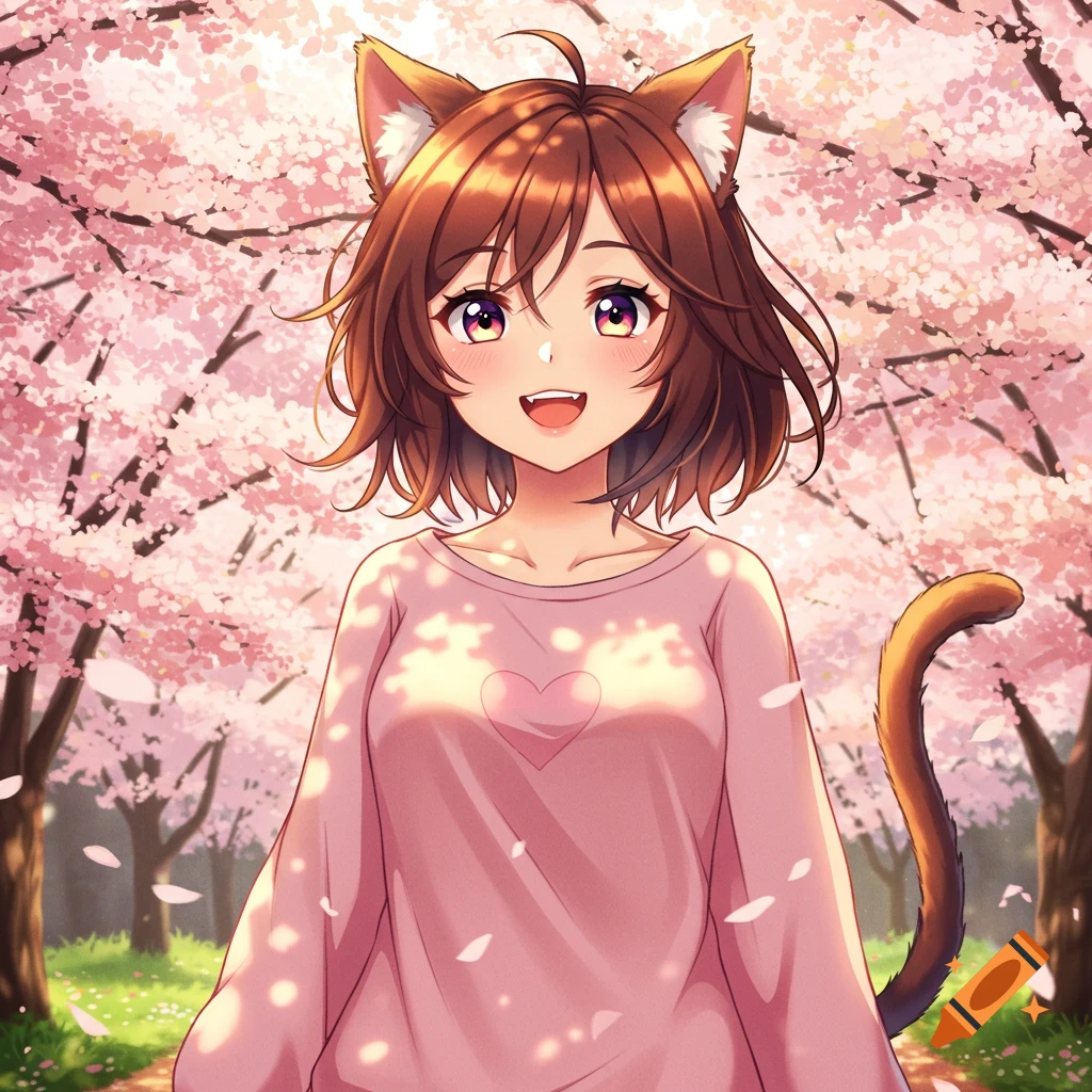 Anime cat girl with brown hair, cat ears, and a tail, smiling in a cherry blossom park while wearing a pink sweater.