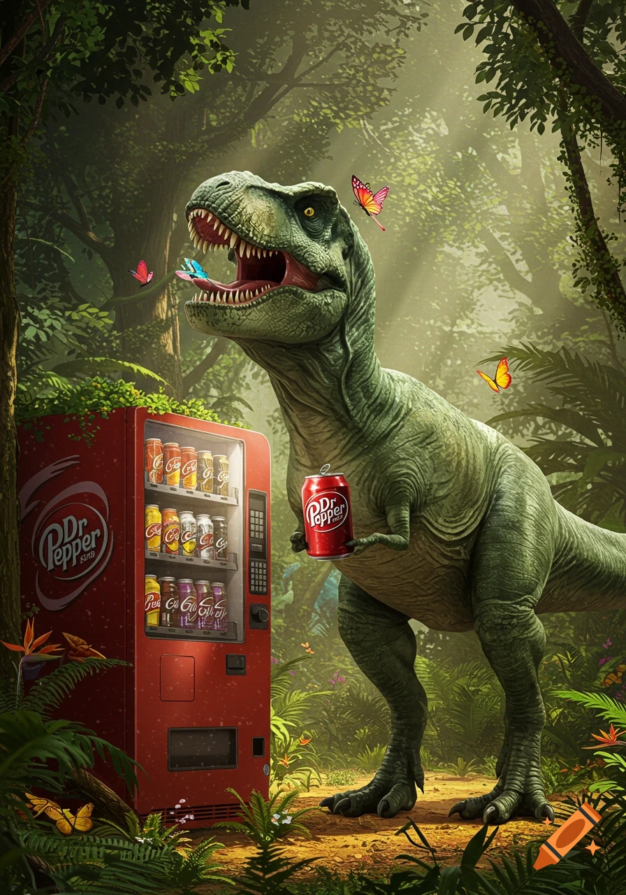 A T-Rex in a lush jungle holds a Dr Pepper can, standing next to a red Dr Pepper vending machine with butterflies around.
