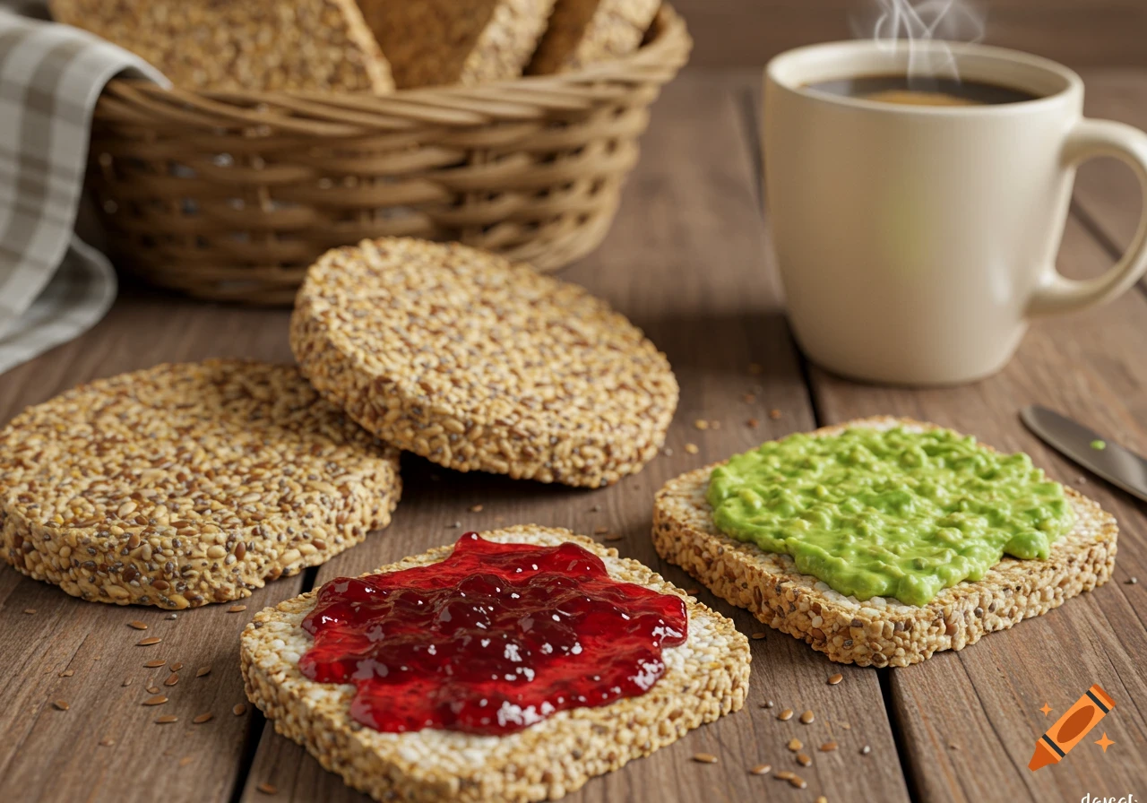 Photorealistic image of rice cakes with red jam and mashed avocado on a rustic wooden table, with a steaming coffee mug.