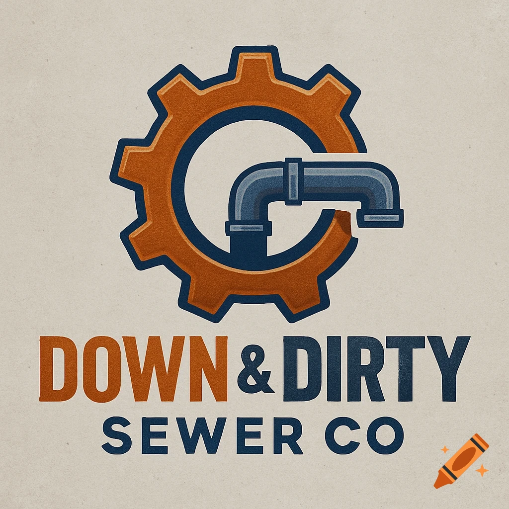 Logo for Down & Dirty Sewer Co featuring an orange gear with a blue pipe inside, on a textured beige background.
