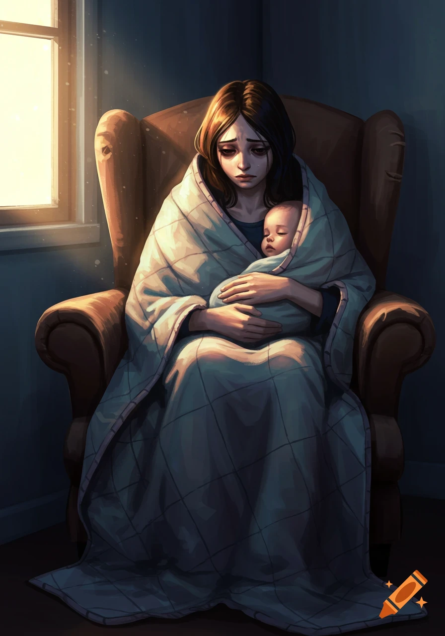 Illustration of a sad woman wrapped in a blanket, holding a sleeping infant while sitting in an armchair by a window.