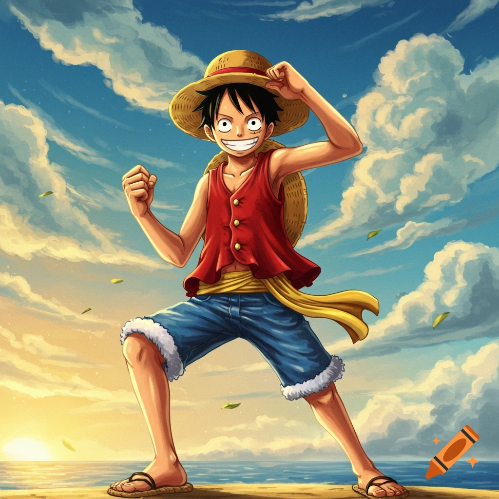 An anime illustration of Luffy in a straw hat, red vest, and blue shorts, striking a pose on a sunny beach at sunset.