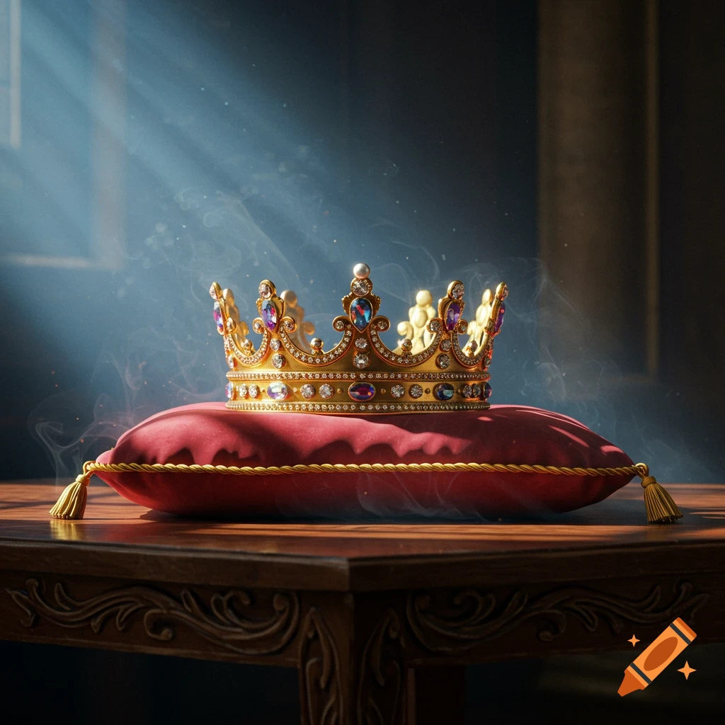 A golden jeweled crown rests on a red velvet cushion on a dark wooden table, illuminated by a beam of light.
