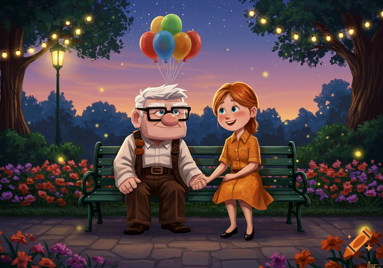 Carl and Ellie from Up-like characters sit on a park bench, holding hands with balloons, string lights, and fireflies.