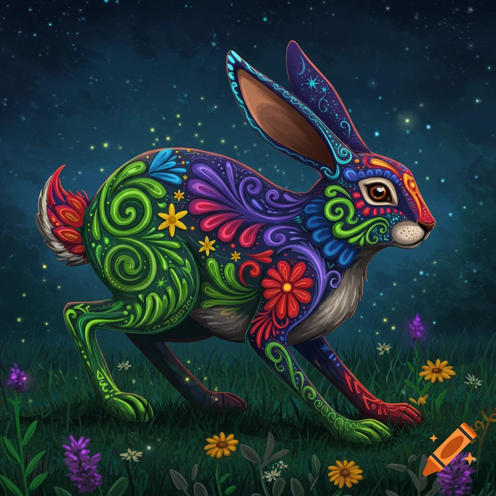 A vibrantly colored Alebrije rabbit, decorated with intricate floral and star patterns, crouches in a moonlit grassy field.