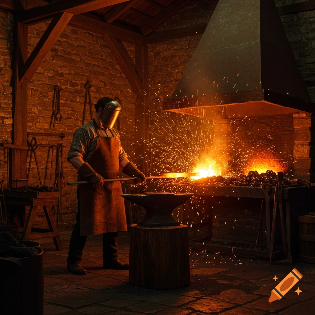 Photorealistic image of a blacksmith in a dark forge, wearing a visor and apron, working a glowing metal rod over an anvil with sparks.