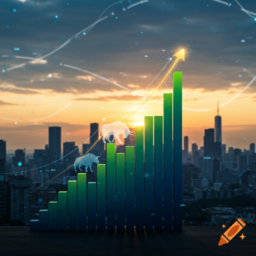 A financial bar chart with an upward arrow and a bull silhouette, set against a sunset cityscape, symbolizing growth and investment.