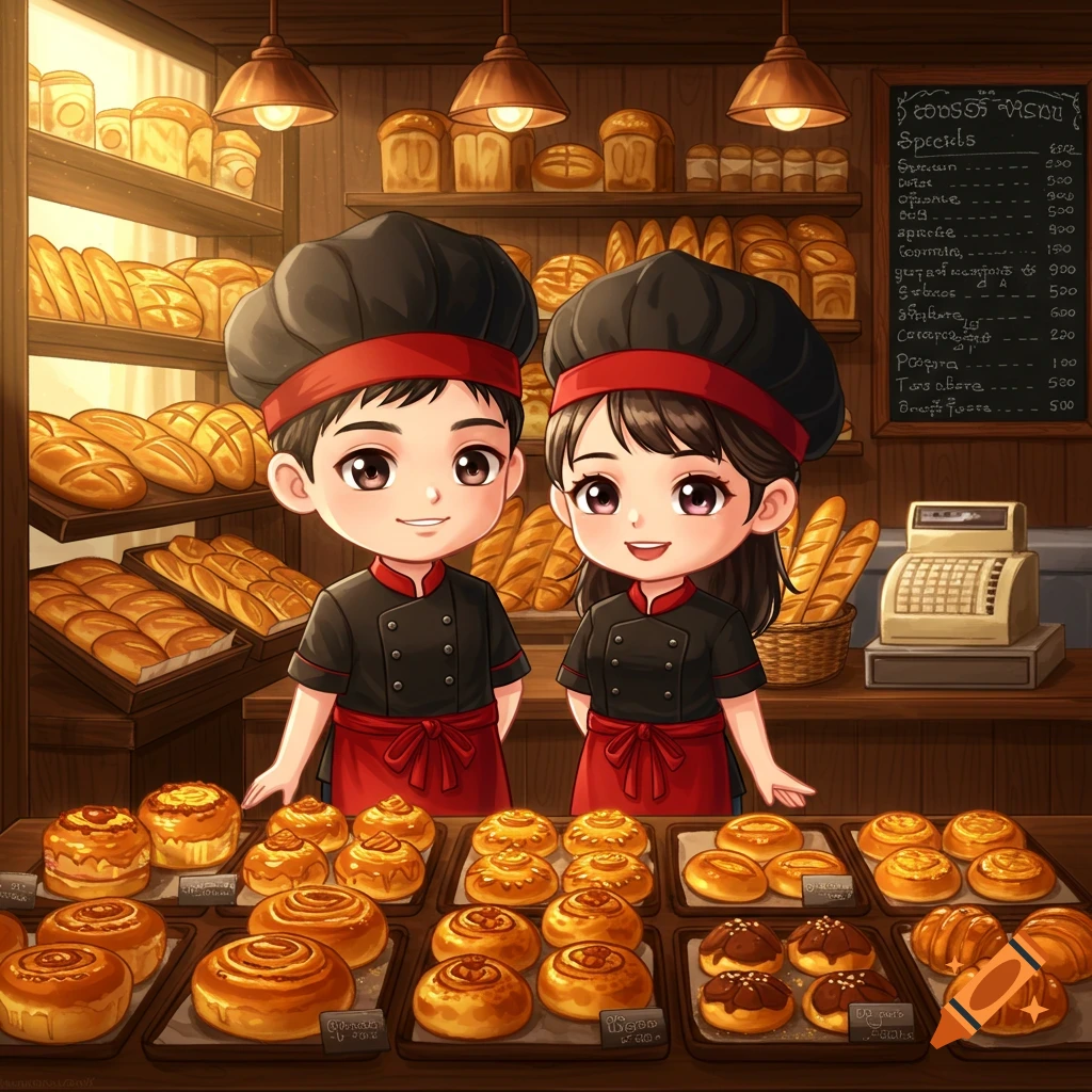 Two smiling chibi bakers, a male and a female, stand behind a counter filled with various pastries in a cozy bakery.