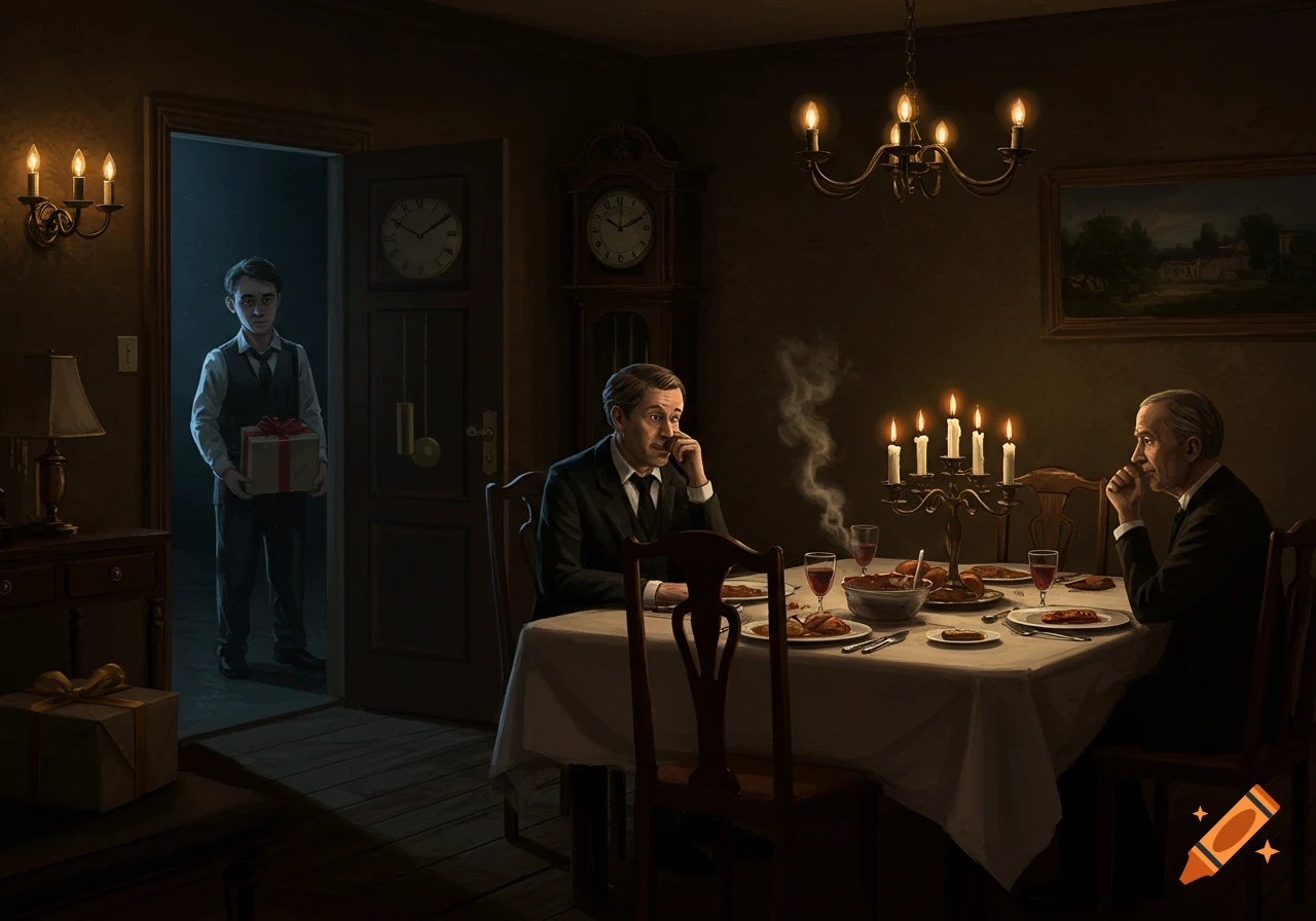 A moody painting of a formal dining room where two older men sit at a candlelit table, and a younger man enters with a gift.