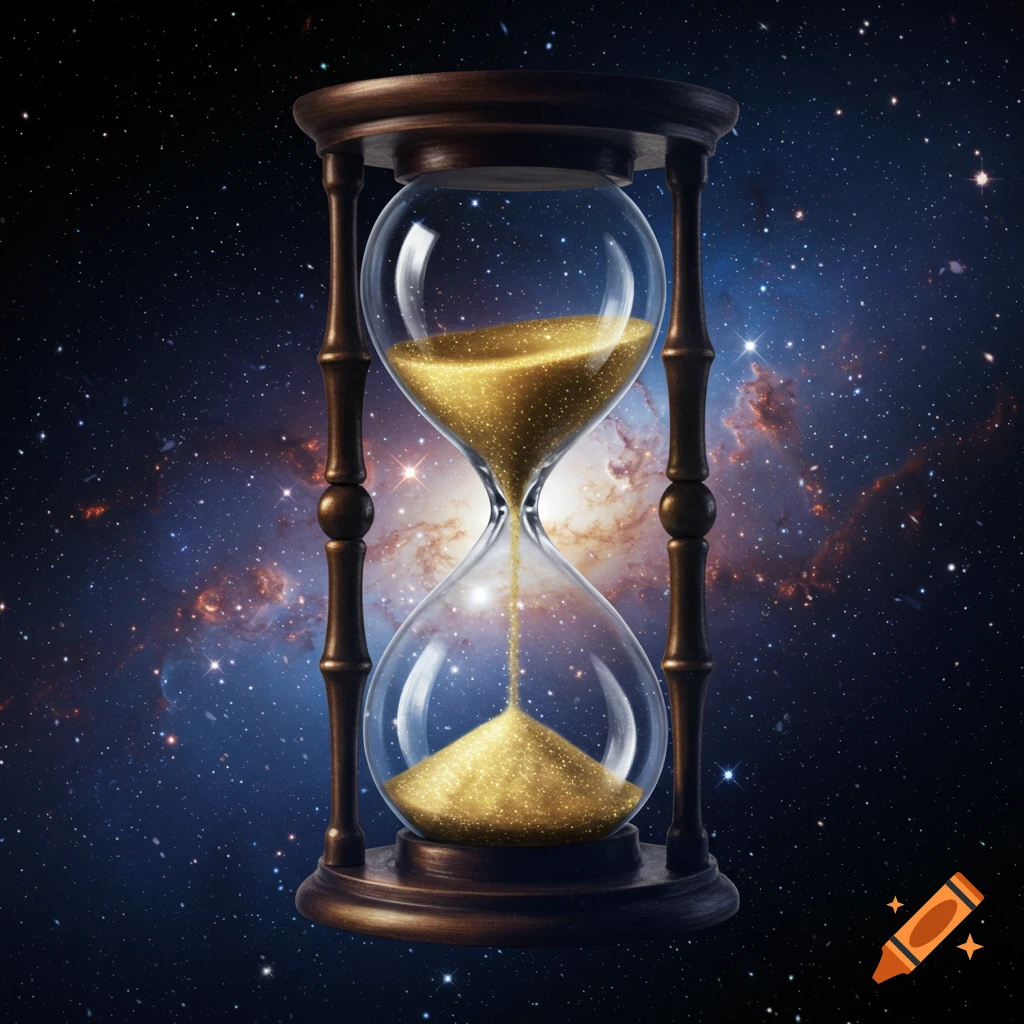 A close-up of an hourglass with golden sand, set against a vibrant starry galaxy background.