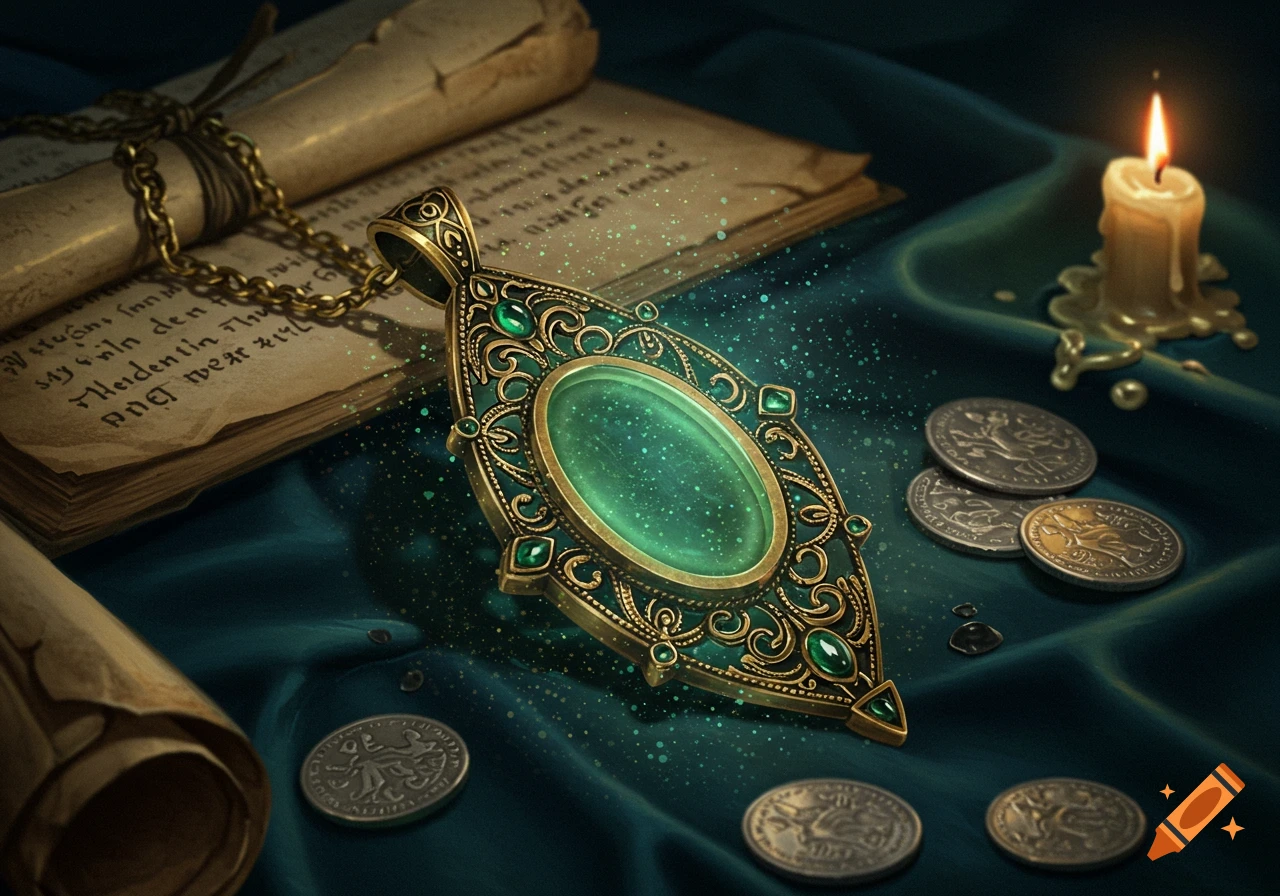 An ornate gold and emerald fantasy amulet lies on dark teal silk, surrounded by old scrolls, coins, and a lit candle.