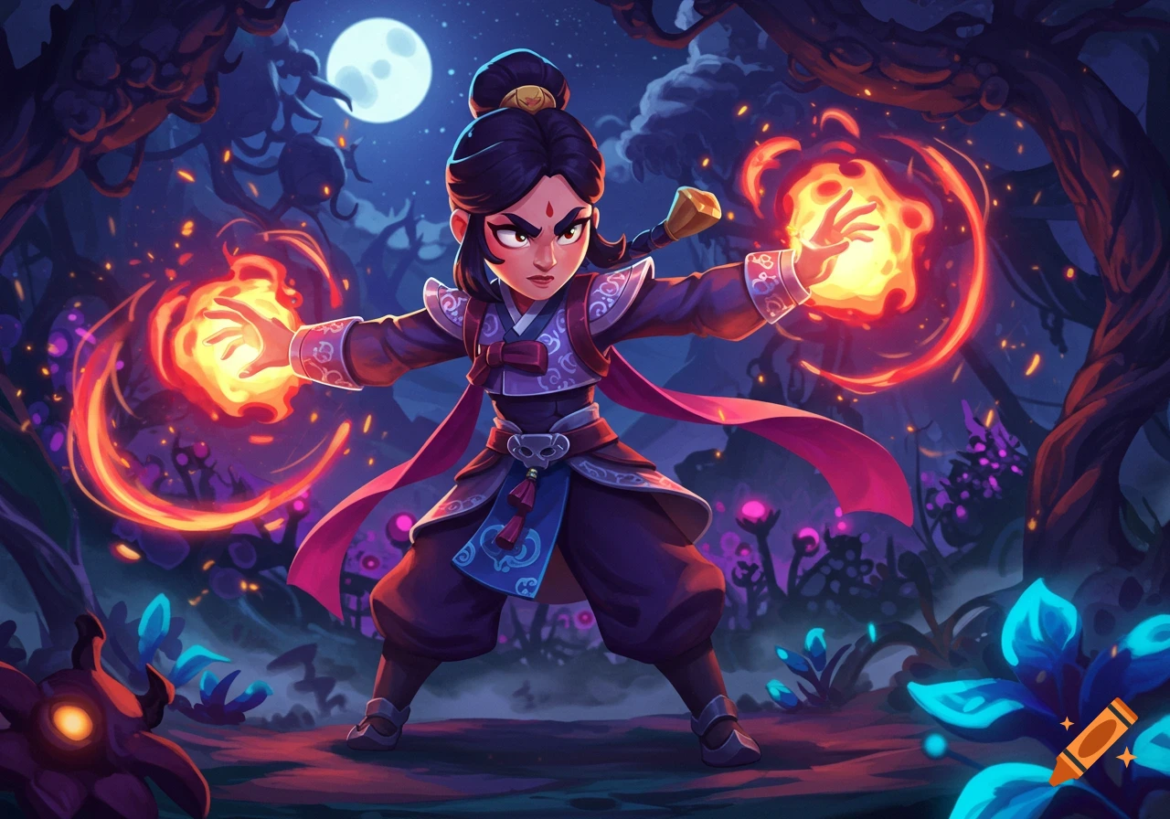 A stylized female character in Asian-inspired clothing casts fire spells in a magical forest at night under a full moon, with glowing plants.