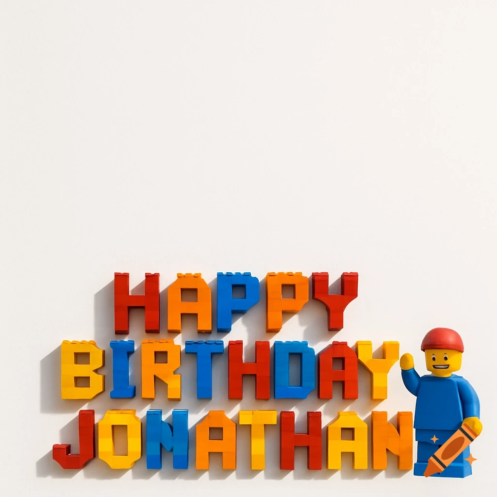 Colorful Lego bricks spell 'Happy Birthday Jonathan' on a white background, with a Lego minifigure waving.
