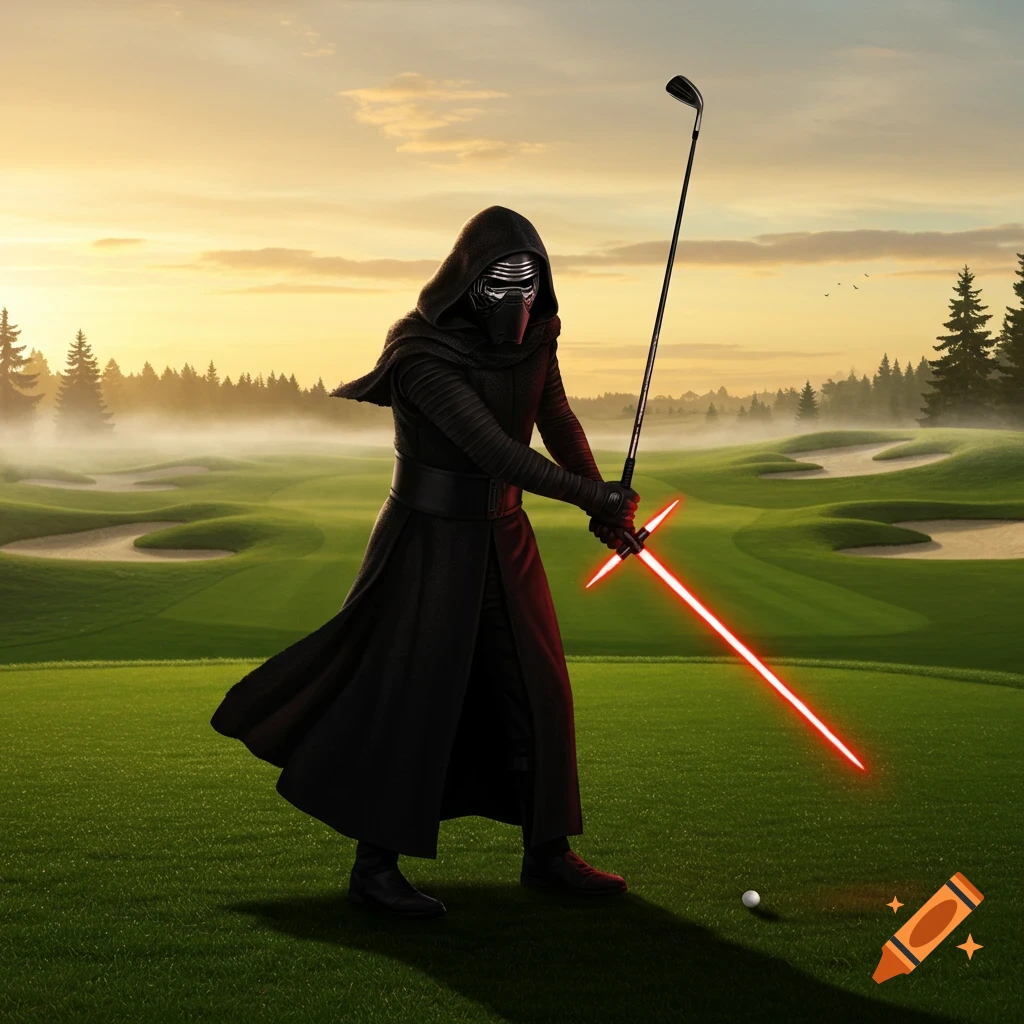 Kylo Ren, dressed in black, wields a red lightsaber-golf club on a misty golf course at sunset, a golf ball at his feet.