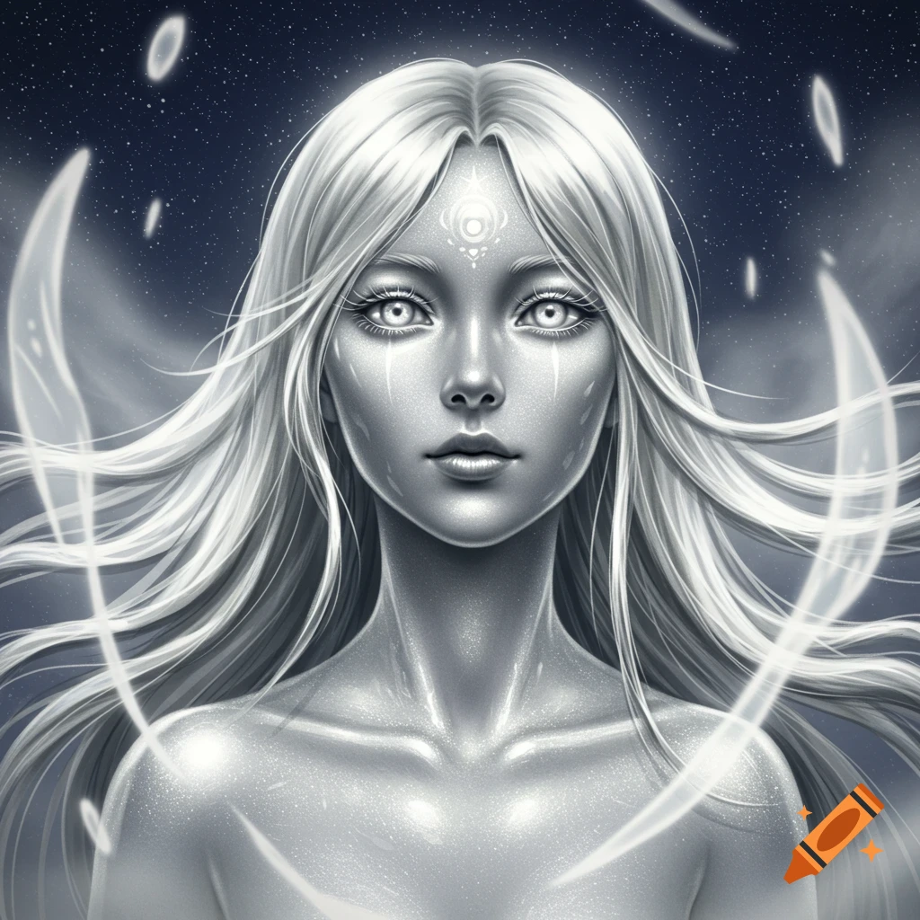 An anime-style goddess with long silver hair, glowing silver eyes, and silver skin, against a dark starry background.