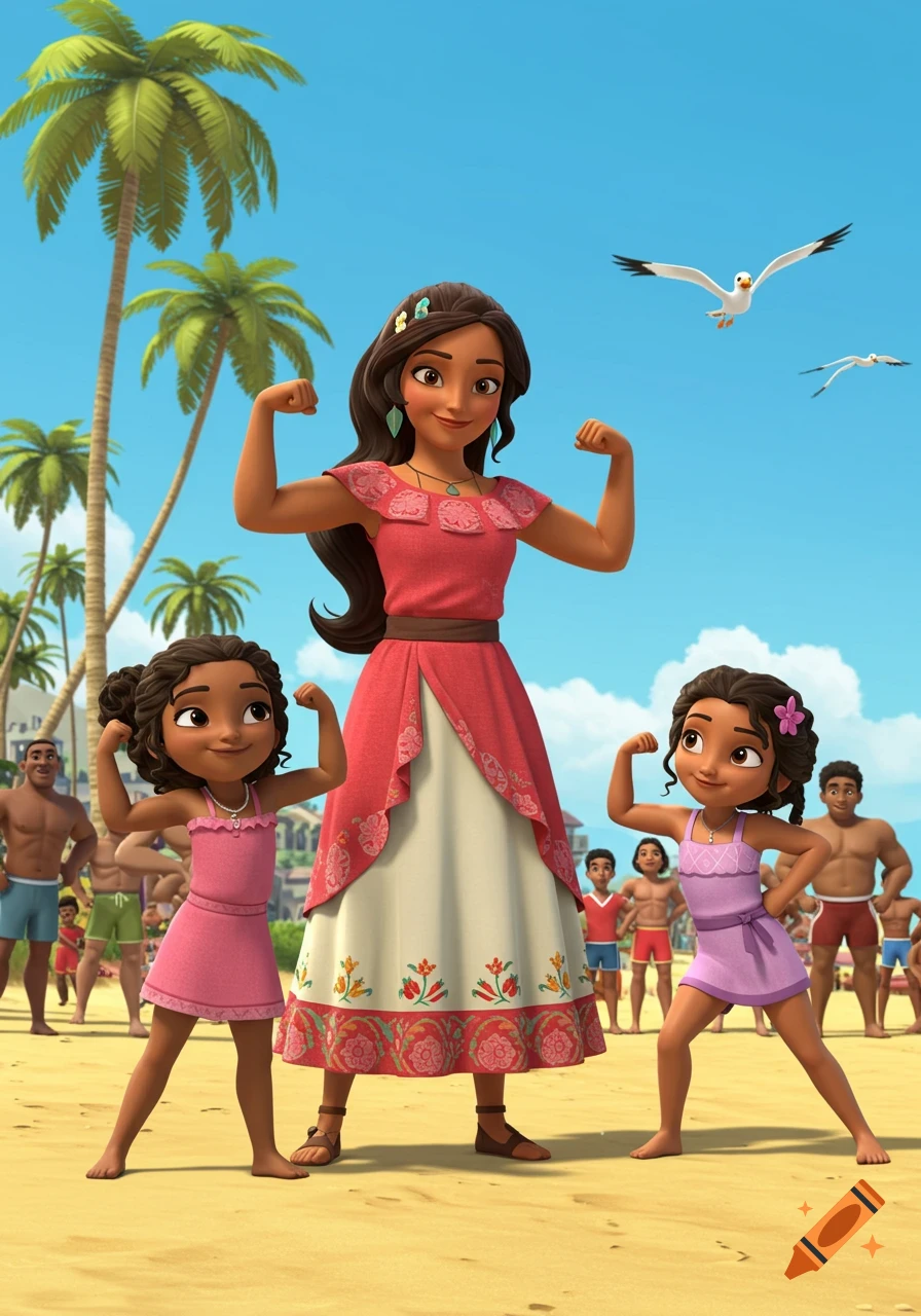 A cartoon mother and her two daughters flex their biceps on a sunny beach with palm trees and seagulls.