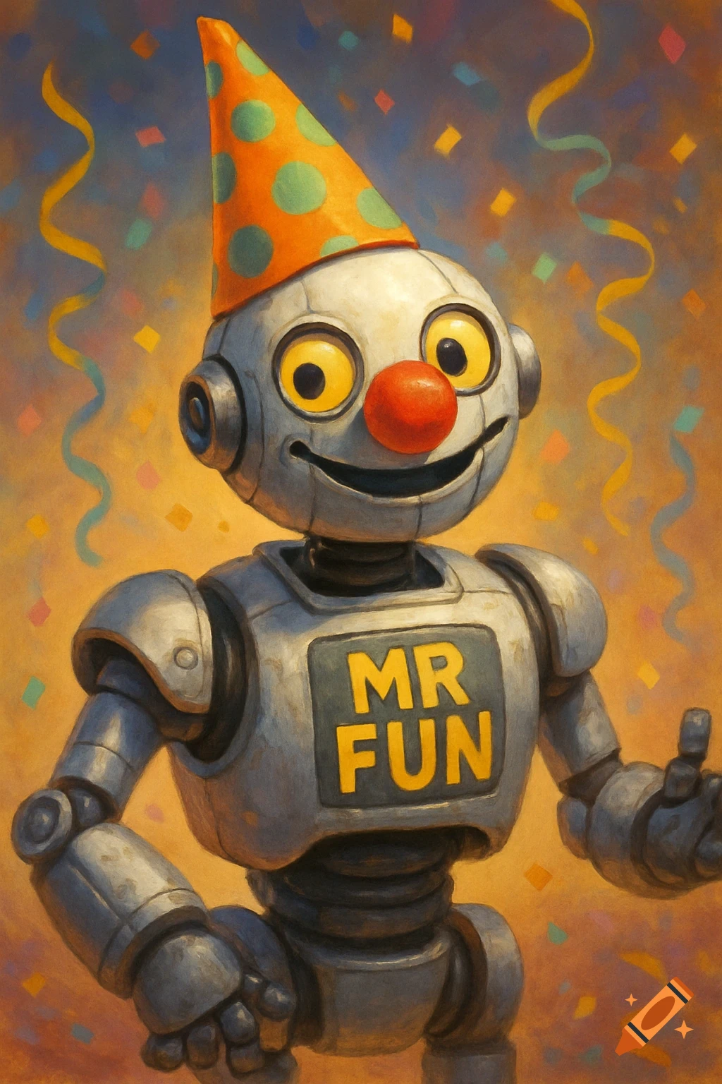 A cartoonish robot with a party hat and red clown nose, labeled 'MR FUN', surrounded by confetti in a painterly style.