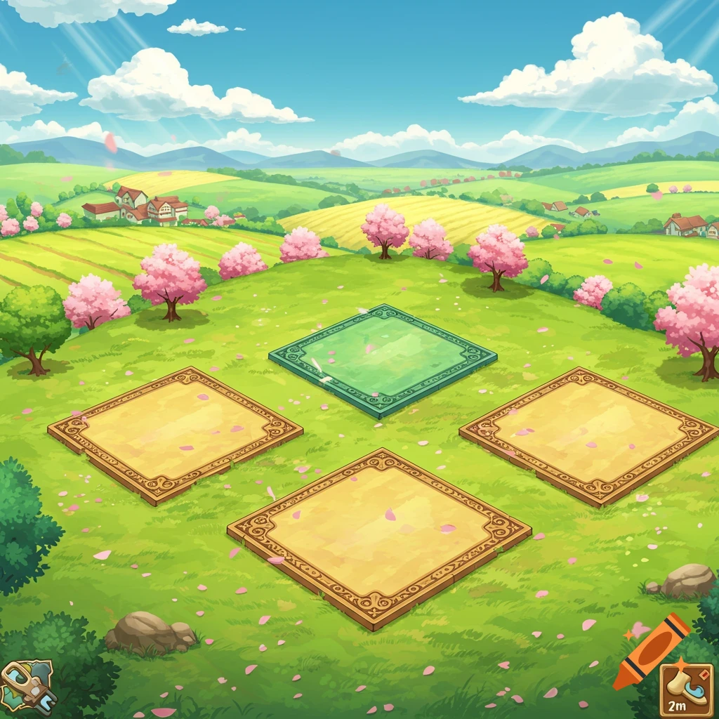Anime style overhead view of a green field with cherry blossom trees, houses, and four empty game board tiles.