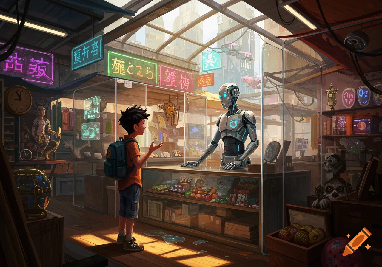 A boy with a backpack talks to a robot shopkeeper in a futuristic market stall with glowing neon signs and various wares.
