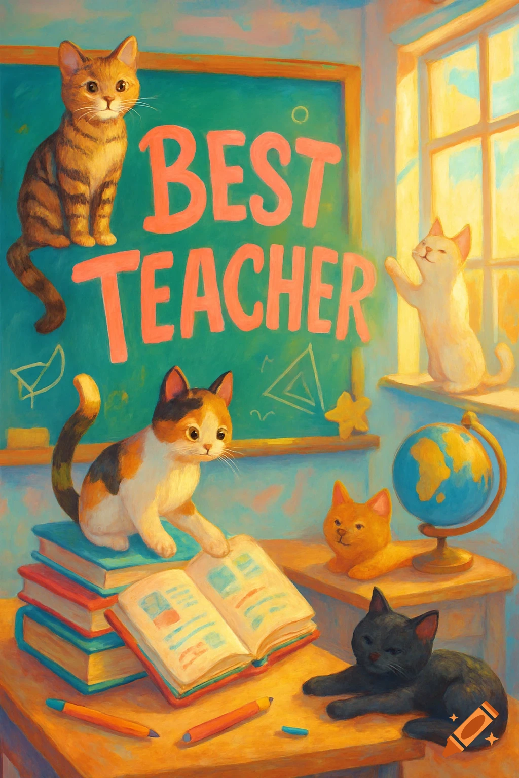 Illustration of cats in a classroom; a tabby sits on a chalkboard saying 'BEST TEACHER', other cats are with books and a globe.