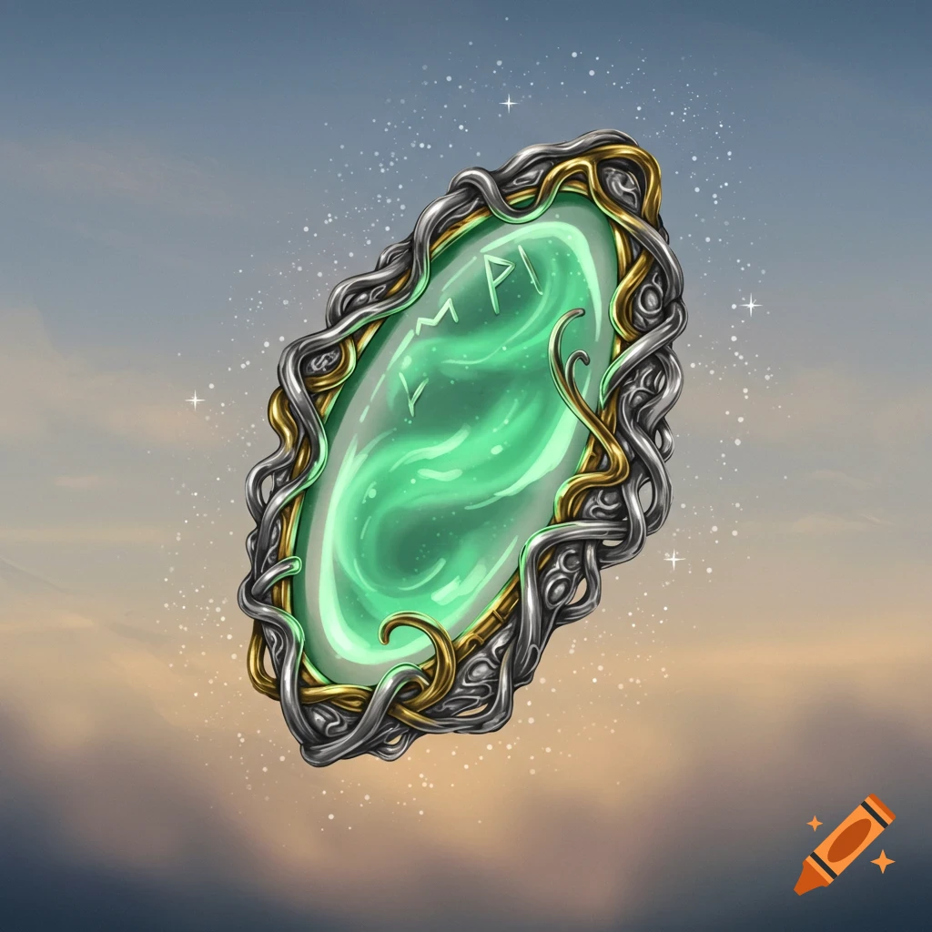 A detailed fantasy amulet with a glowing green center and an ornate silver and gold intertwined frame, floating against a cloudy sky.