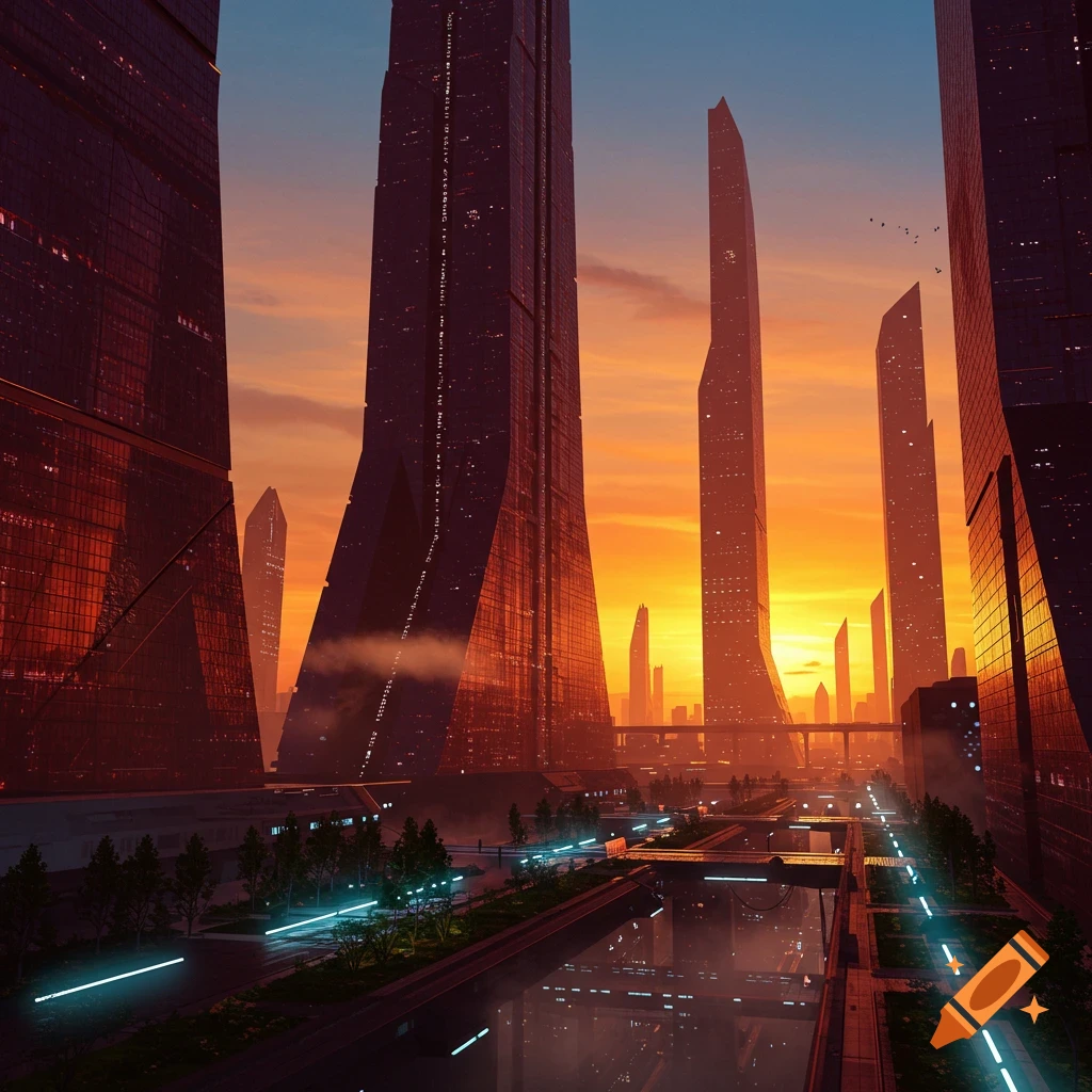A digital painting of a futuristic city at sunset, with tall, sleek skyscrapers, a multi-level road system, and a misty atmosphere.