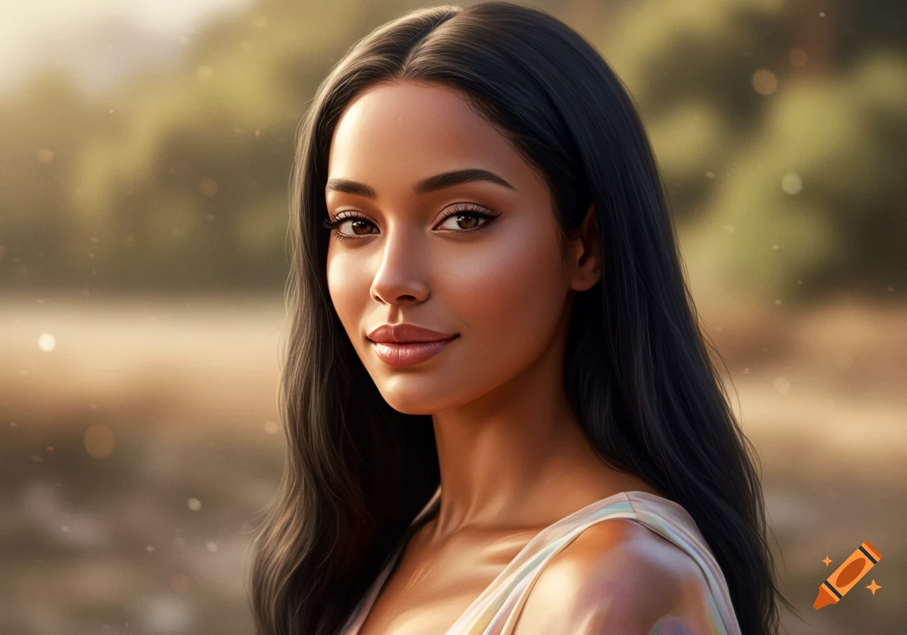 Photorealistic portrait of a beautiful woman with long dark hair looking at the camera.