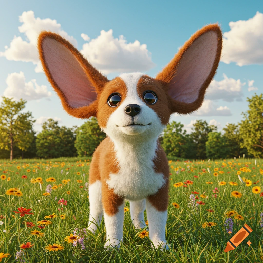 A cartoon-style, fluffy brown and white dog with huge ears stands in a sunny field of yellow and red wildflowers under a blue sky.