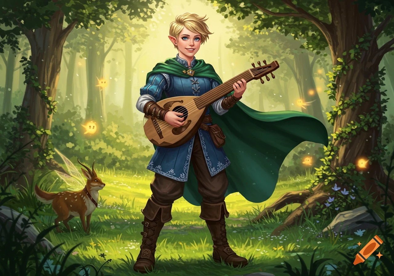 A young blonde elven bard with short hair plays a lute in an enchanted forest with a winged deer and glowing sprites.