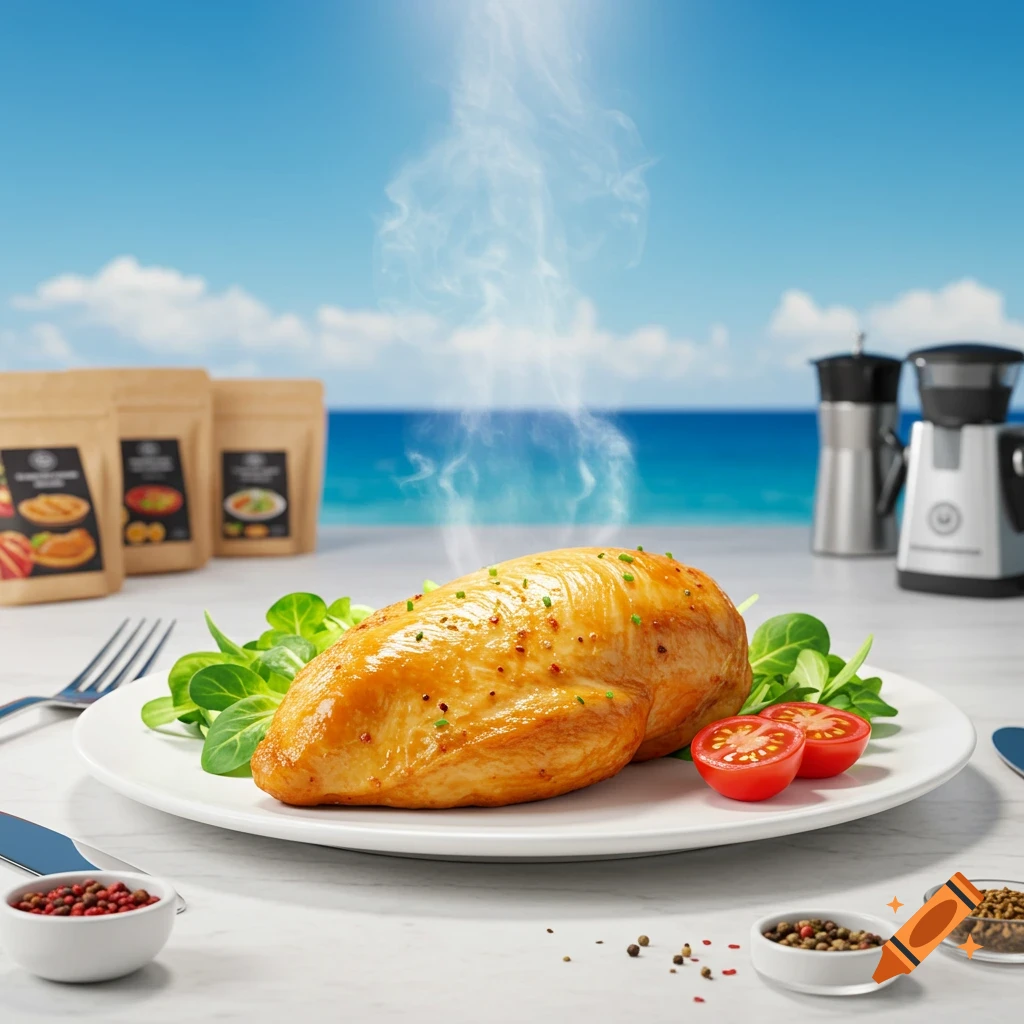 A perfectly cooked, steaming chicken breast on a white plate with fresh greens and sliced tomatoes, set against a bright blue ocean backdrop. Spices are scattered on a white marble table with packaged food products and grinders in the background.
