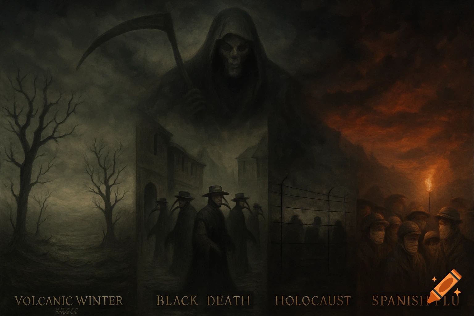A dark, painterly image depicting four historical disasters: Volcanic Winter, Black Death, Holocaust, and Spanish Flu, with the Grim Reaper overlooking them.