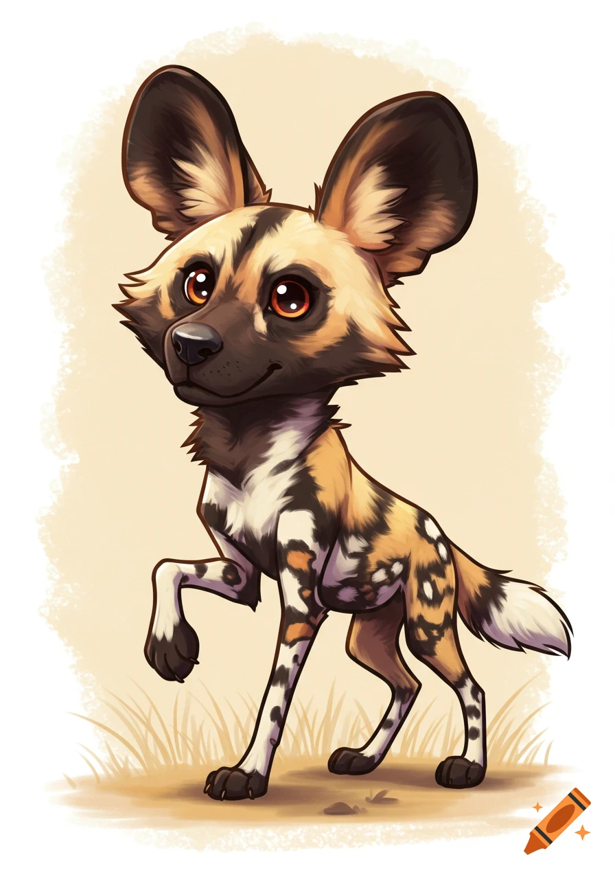 A cute, stylized cartoon African wild dog with large ears stands with one paw raised, against a light background.